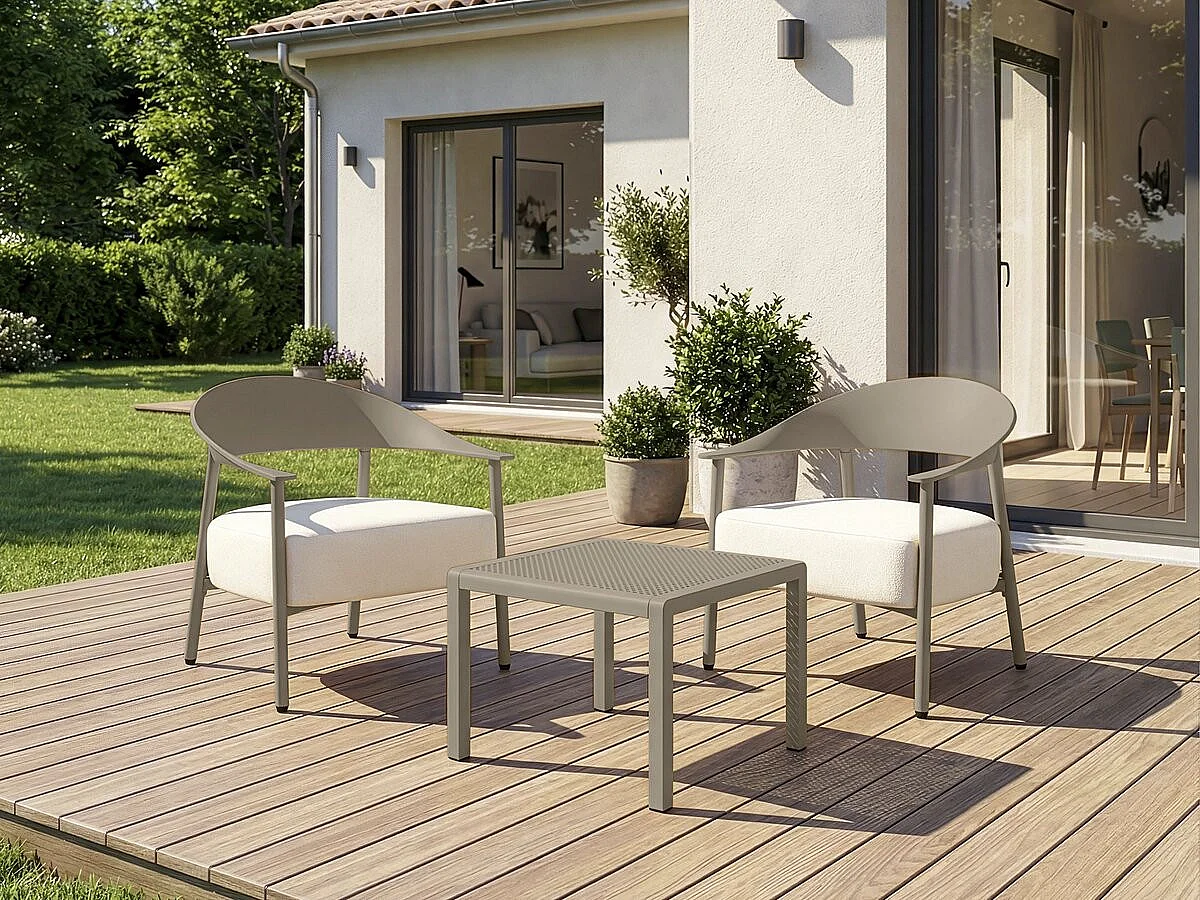 Juego de 2 Sillones de Jardín Taupe "Céora" en Plástico Resistente con Cojines Desfundables y Cómodos