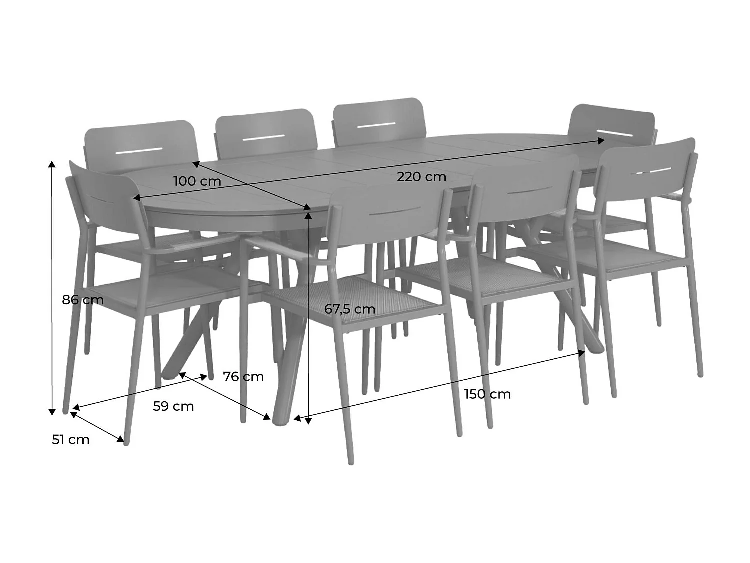 Table de jardin ovale extensible aluminium + 8 assises kaki - Metora / Fira