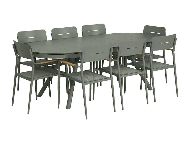 Table de jardin ovale extensible aluminium + 8 assises kaki - Metora / Fira