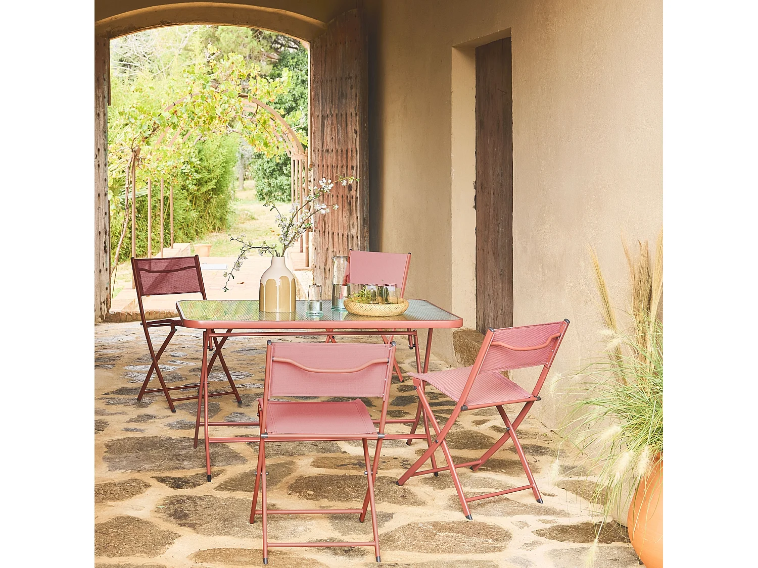Table de jardin pliante acier + 4 assises textilène terracotta - Ancona