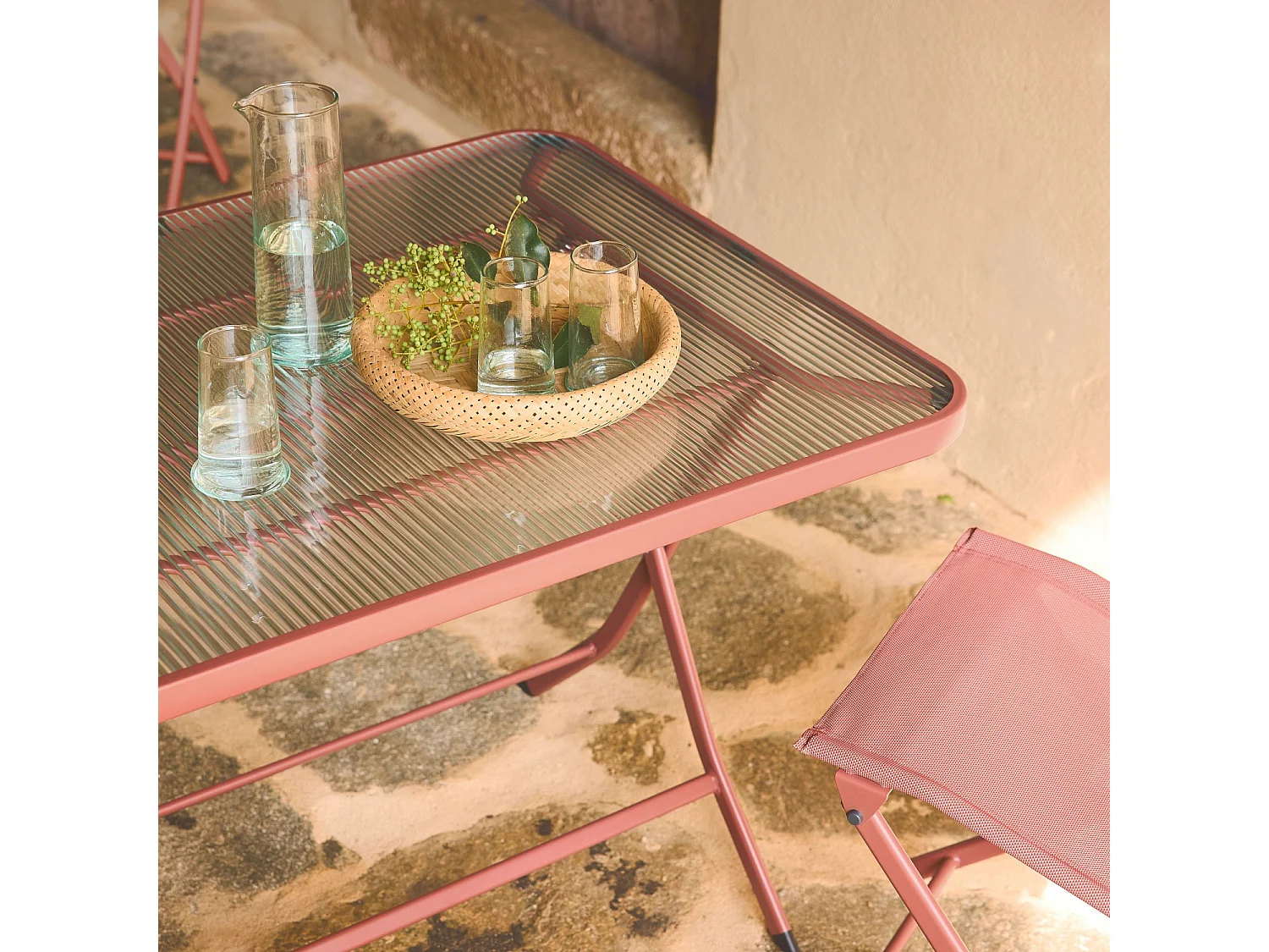 Table de jardin pliante acier + 4 assises textilène terracotta - Ancona