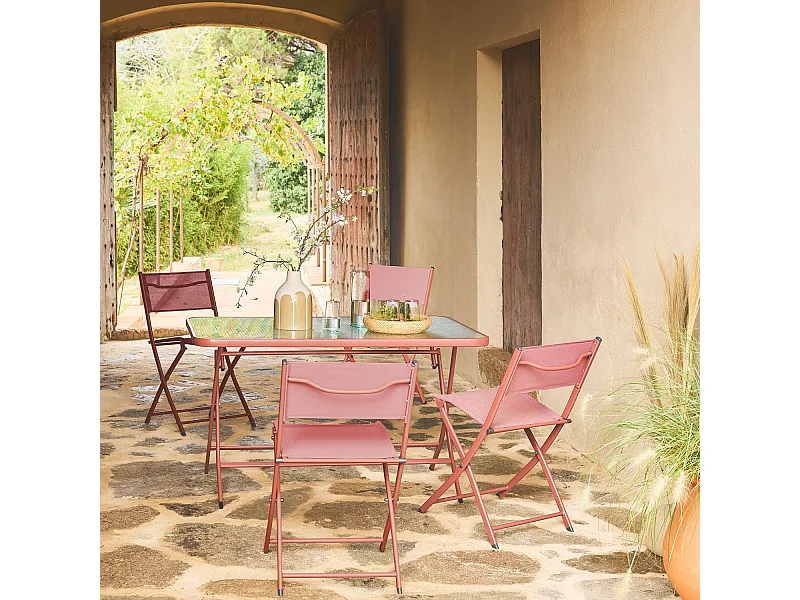 Table de jardin pliante acier + 4 assises textilène terracotta - Ancona