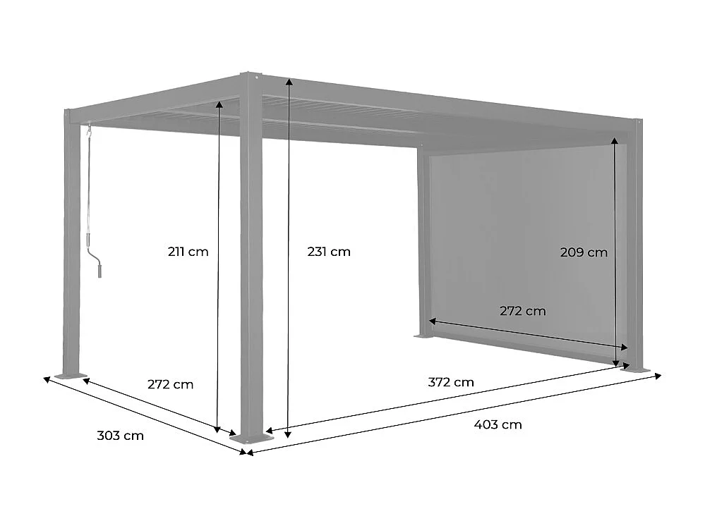 Pergola bioclimatica 3x4m in alluminio e acciaio  + tenda 3m, nero