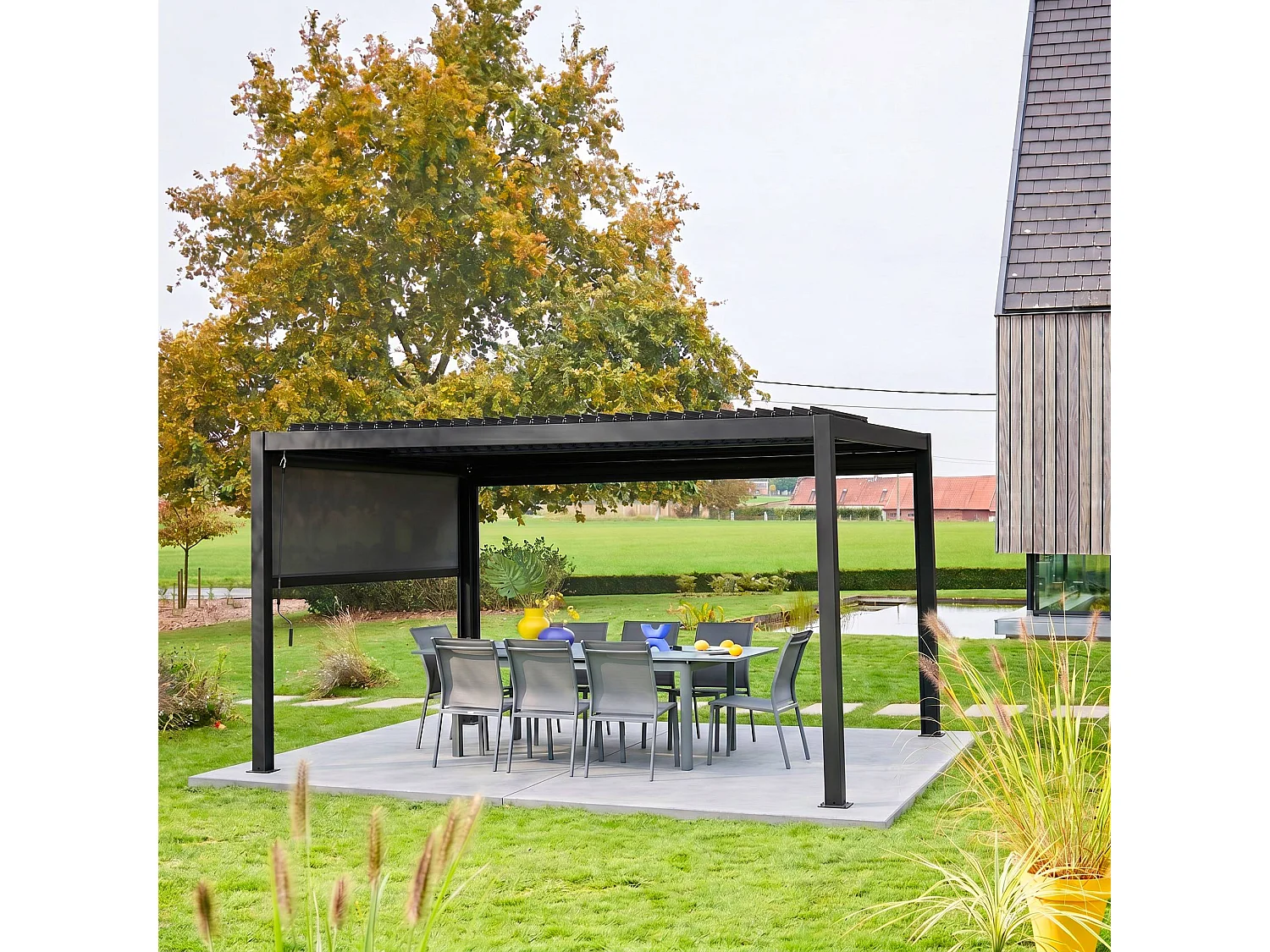 Pérgola bioclimática de aluminio y acero 3x4m + toldo de 3m negro