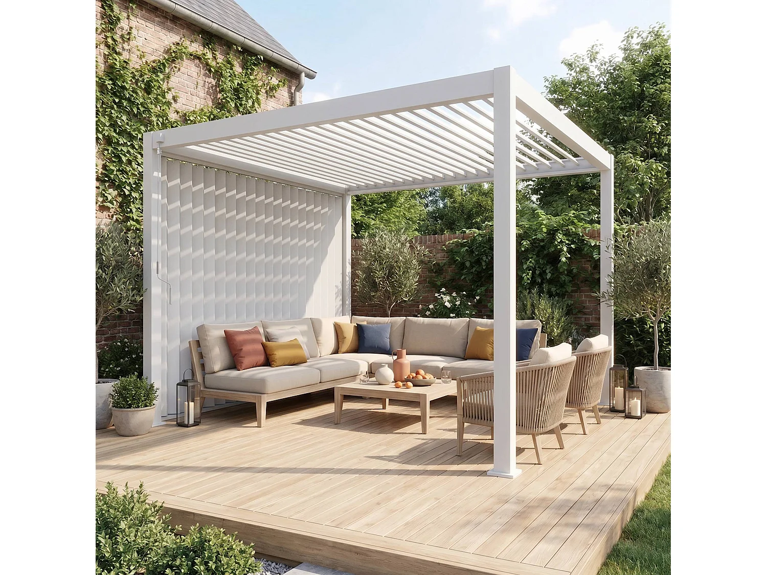 Pérgola bioclimática 3x4m de aluminio + 1 panel vertical de 3m blanco