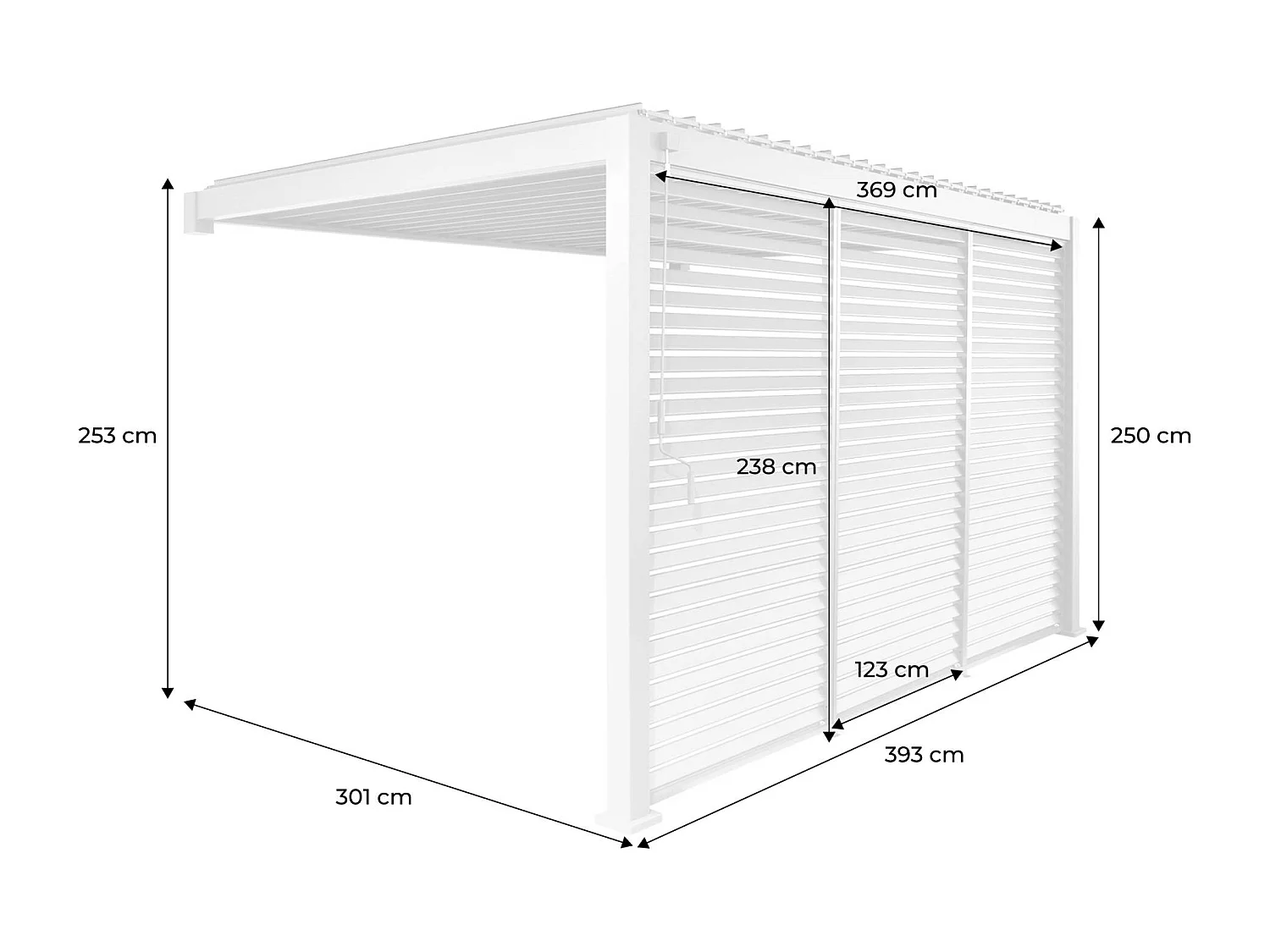 Pergola bioclimatica in alluminio addossata 3x4m + 3 persiane 1.3m,