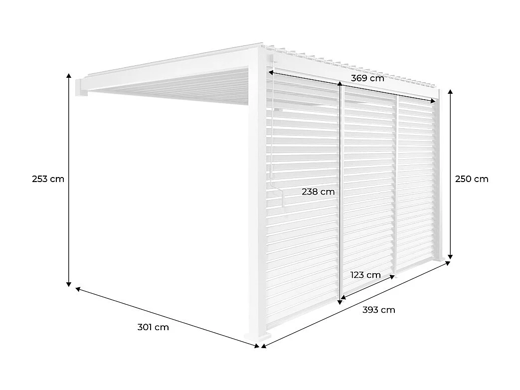 Pergola bioclimatica in alluminio addossata 3x4m + 3 persiane 1.3m,