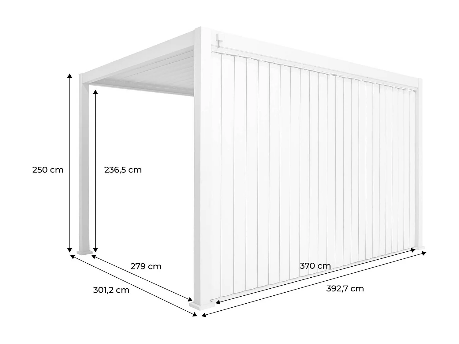Pergola bioclimatica 3x4m in alluminio + pannello verticale 4m, bianco
