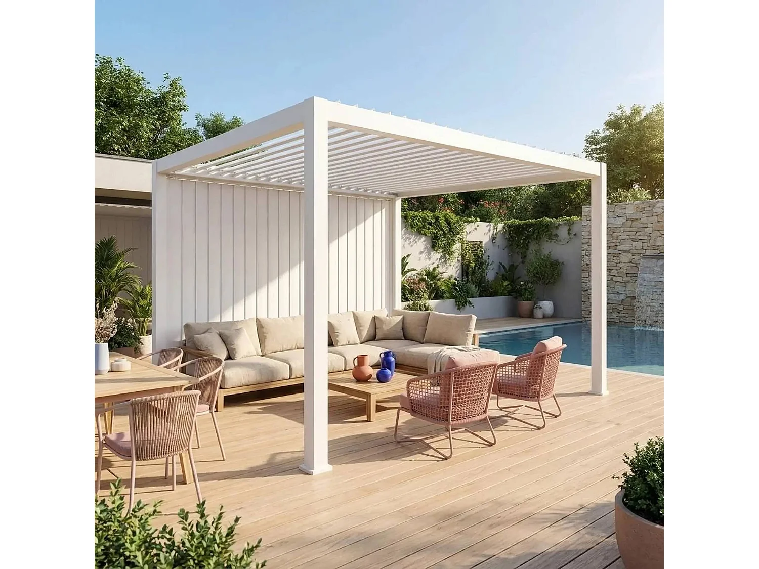 Pergola bioclimatica 3x4m in alluminio + pannello verticale 4m, bianco
