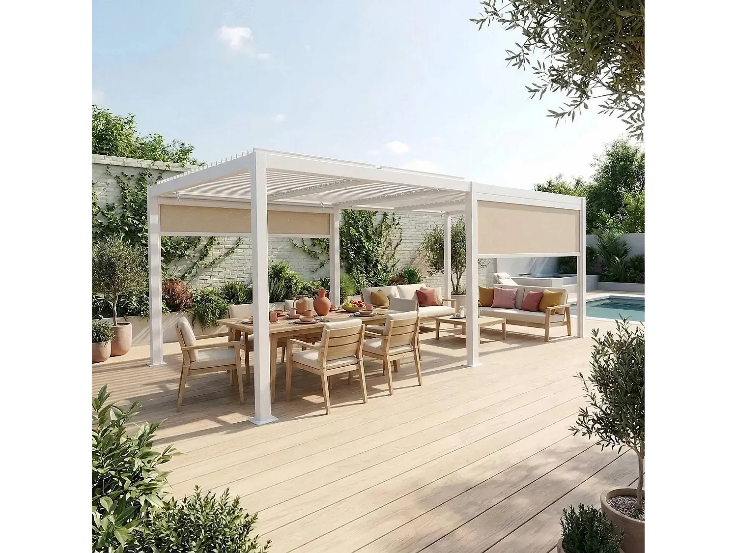Pergola bioclimatica 3x6m + 2 tende 3m, bianco