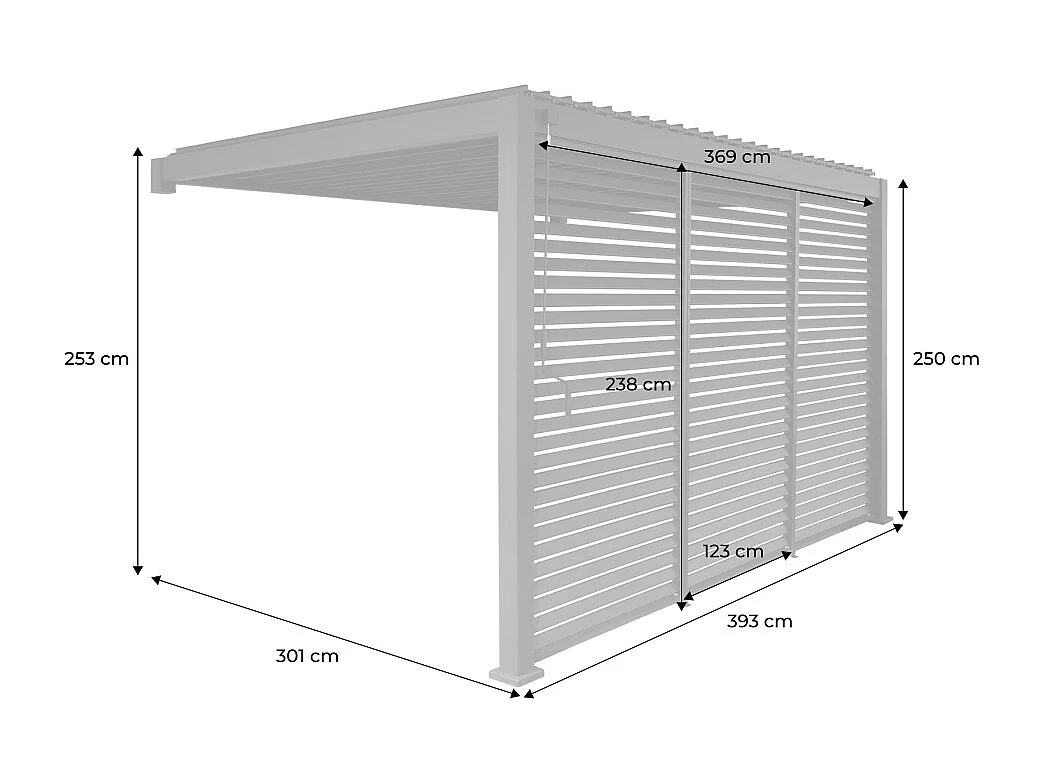 Pergola bioclimatica in alluminio addossata 3x4m + 3 persiane 1.3m,