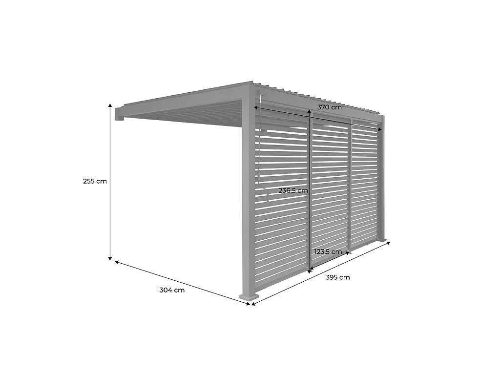 Pérgola bioclimática de aluminio adosada 3x4m + 3 persianas 1.3m