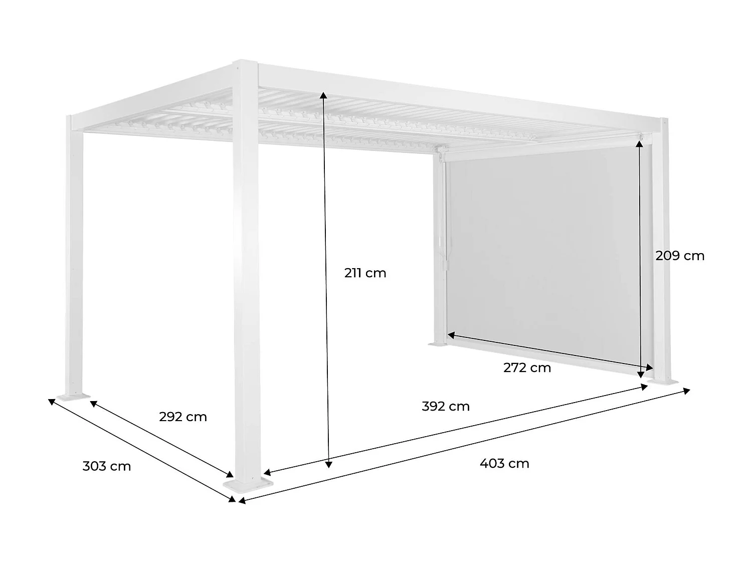 Pergola bioclimatica 3x4m in alluminio e acciaio  + tenda 3m, bianco