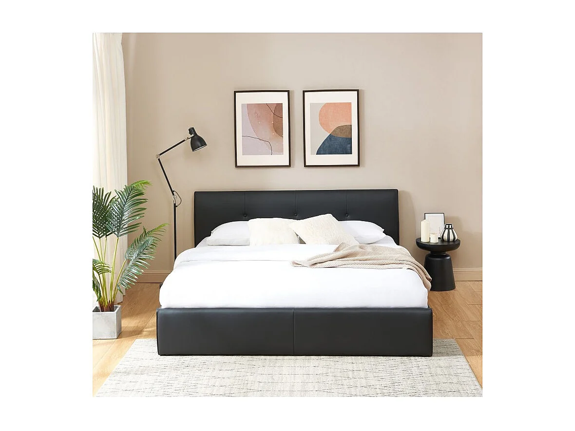 Lit coffre SEGURO simili noir 180x200 sommier inclus