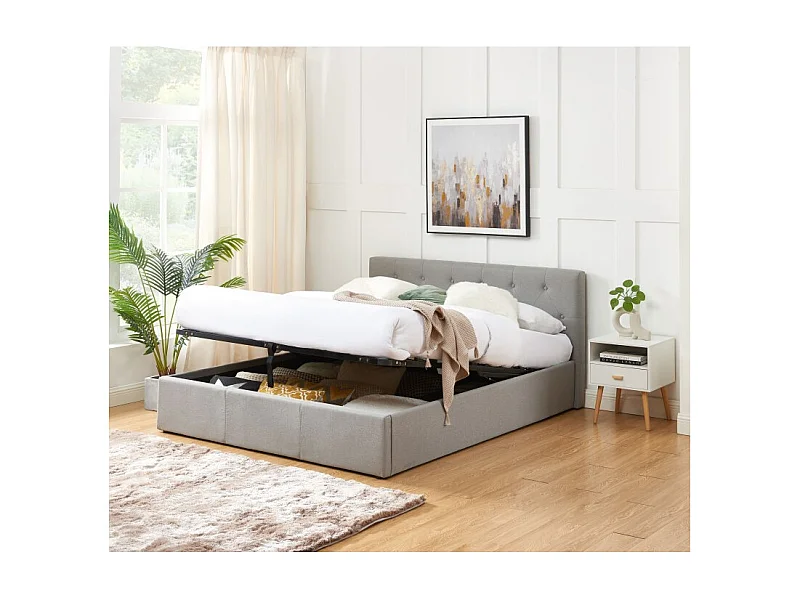 Lit coffre BAHIA tissu gris 160x200 sommier inclus