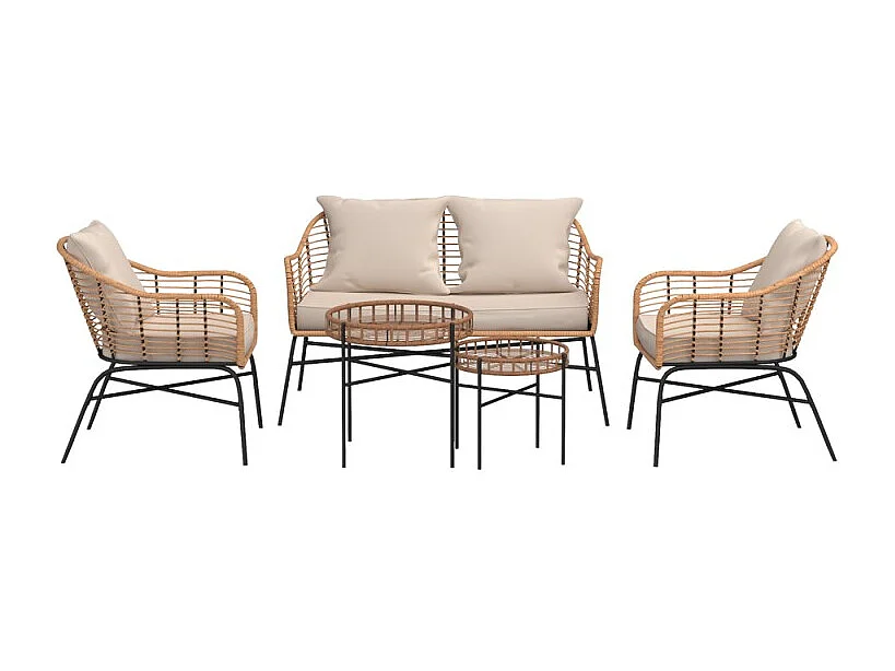 Salon de jardin MOOREA Coussins Beige En Acier et Rotin Naturel