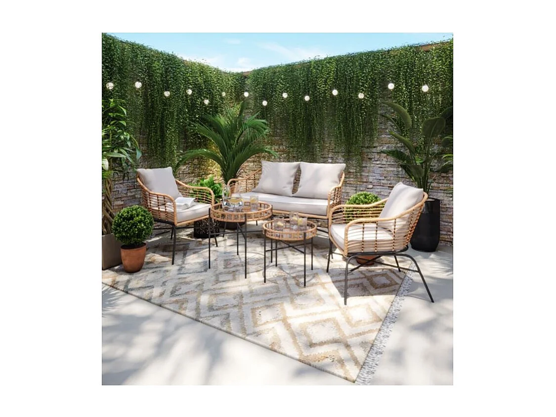 Salon de jardin MOOREA Coussins Gris En Acier et Rotin Naturel