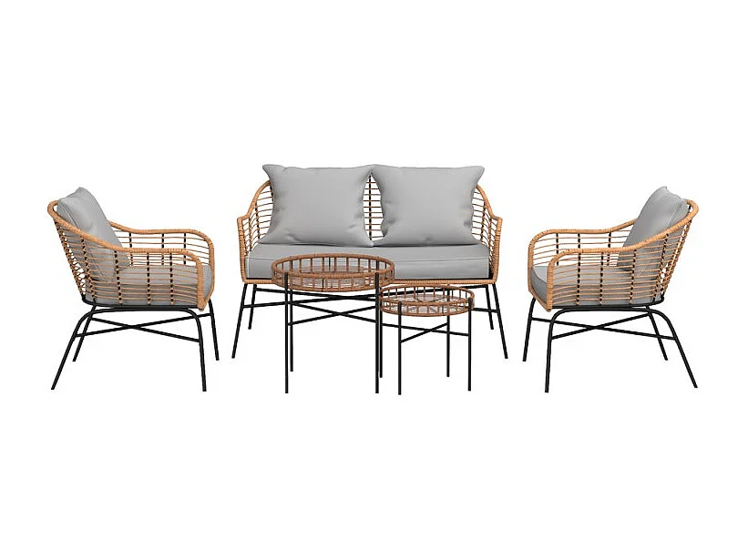 Salon de jardin MOOREA Coussins Gris En Acier et Rotin Naturel