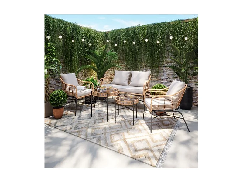 Salon de jardin MOOREA Coussins Gris En Acier et Rotin Naturel