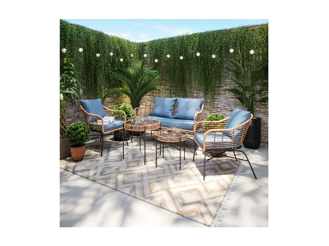 Salon de jardin MOOREA Coussins Bleu En Acier et Rotin Naturel