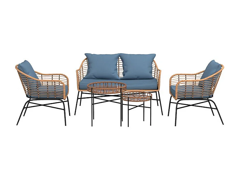 Salon de jardin MOOREA Coussins Bleu En Acier et Rotin Naturel