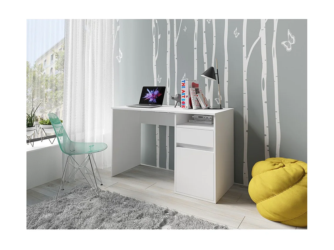 Escritorio BILOU blanco – 1 cajón, 1 puerta y 2 compartimentos – Estilo limpio y luminoso para habitación infantil