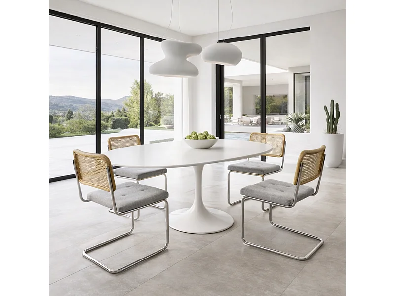 Chaise rétro avec pieds en métal, assise en tissu chiné et Cannage Naturel