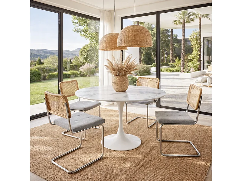 Chaise rétro avec pieds en métal, assise en tissu chiné et Cannage Naturel