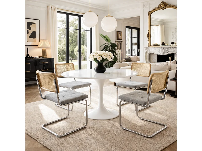 Chaise rétro avec pieds en métal, assise en tissu chiné et Cannage Naturel