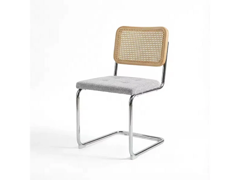 Chaise rétro avec pieds en métal, assise en tissu chiné et Cannage Naturel