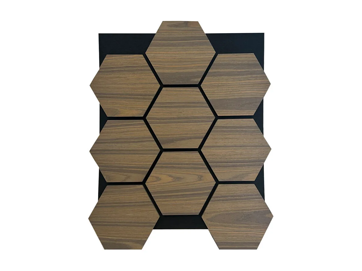 Lot de 4 panneaux Acoustiques Muraux Hexagonaux – Finition Teck