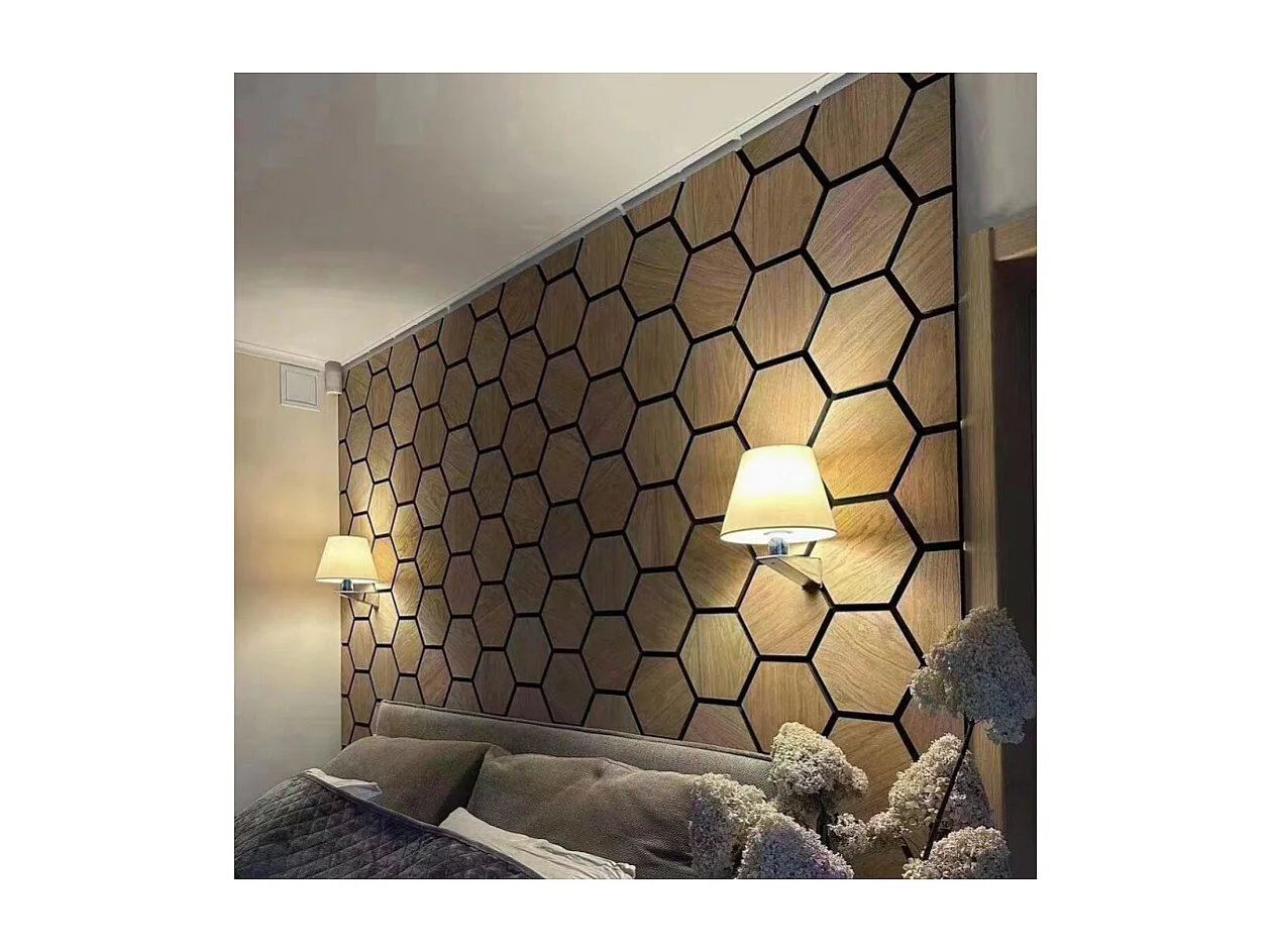 Lot de 4 panneaux Acoustiques Muraux Hexagonaux – Finition Teck