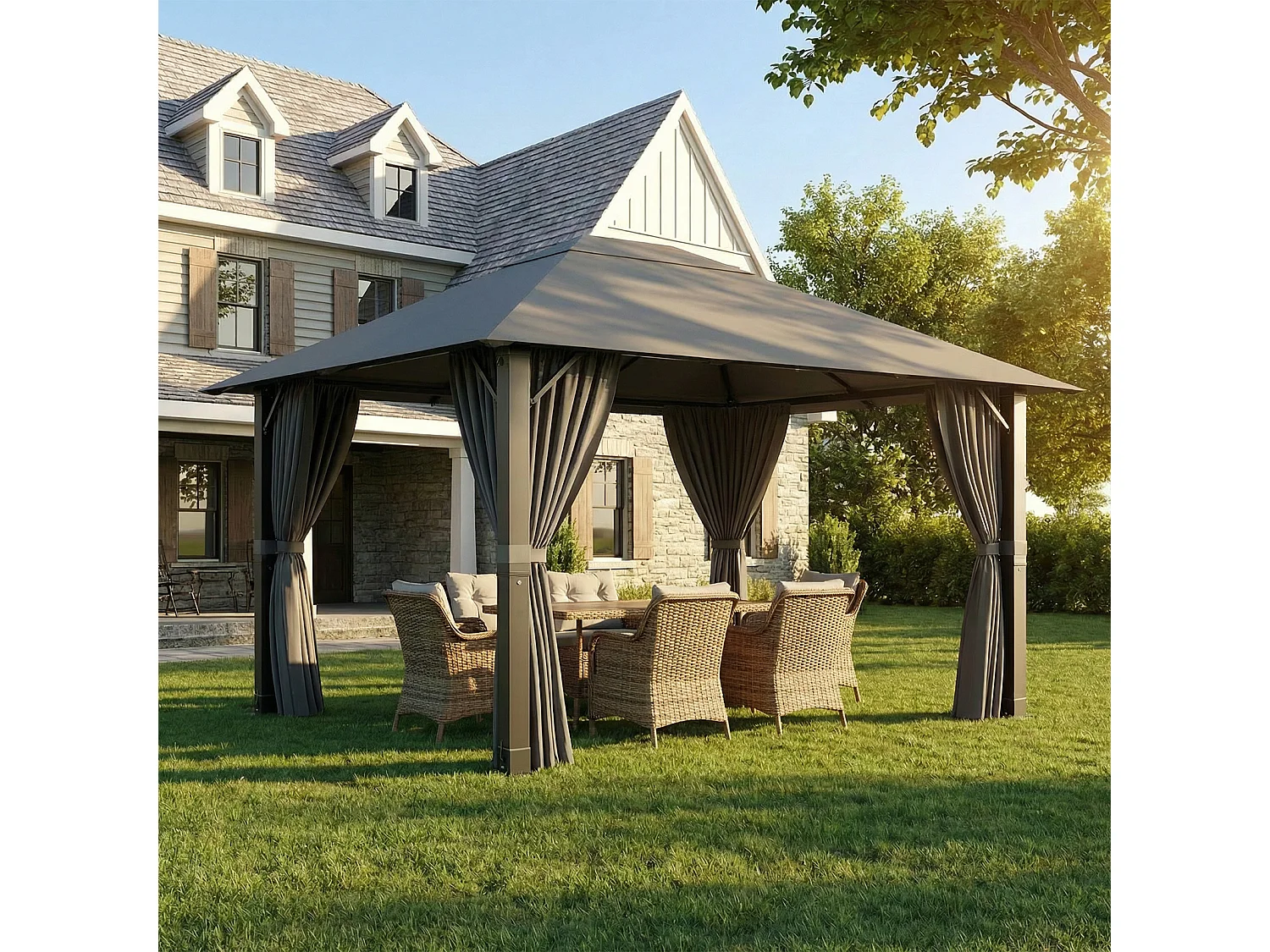 Tonnelle de Jardin en Aluminium 3x4m | 10 Poteaux de Toit + Entretoises Triangulaires (Stabilité +50%) | Imperméable, Résistante au Froid & Anti-UV 50+, Gris