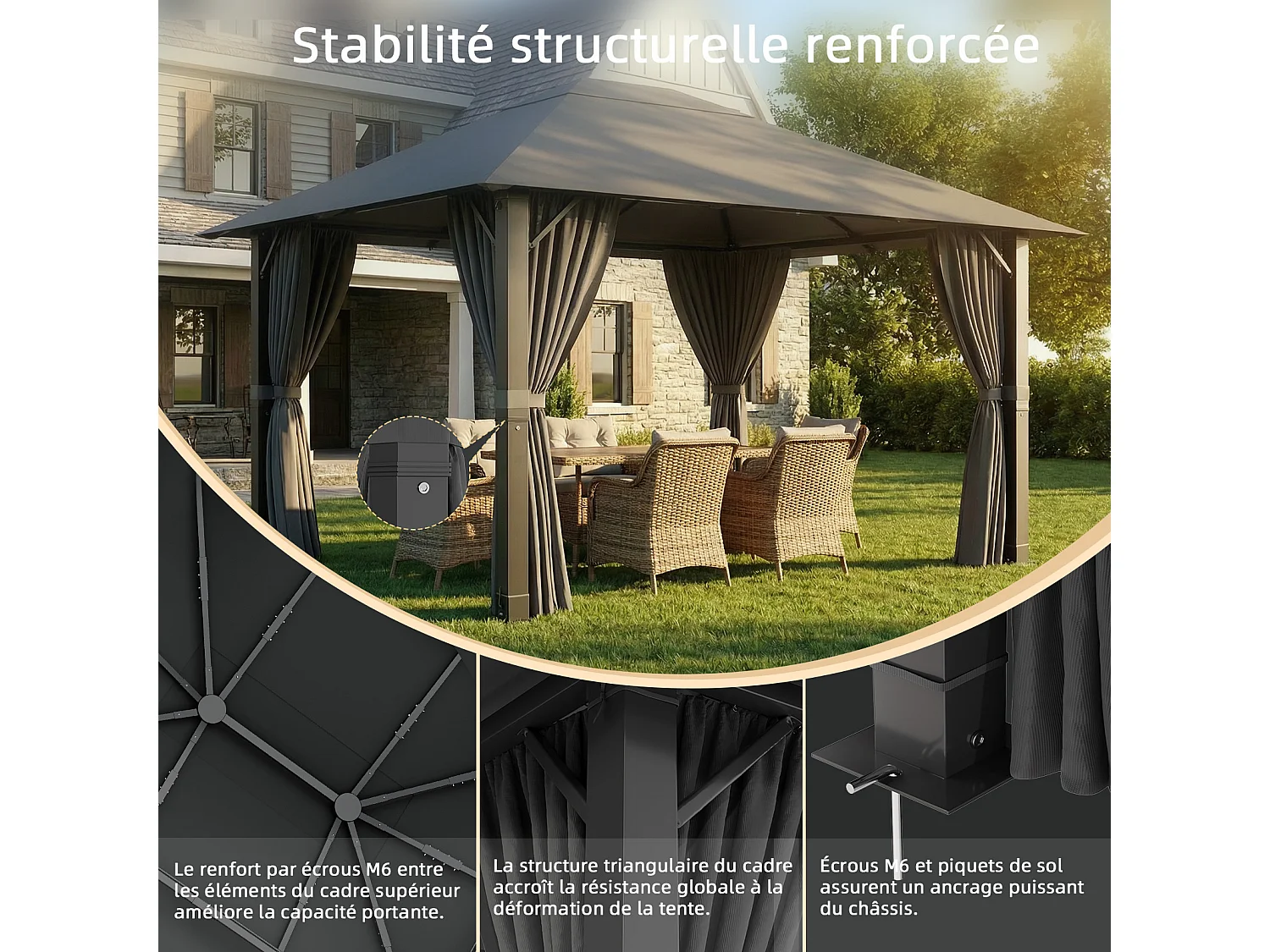 Tonnelle de Jardin en Aluminium 3x4m | 10 Poteaux de Toit + Entretoises Triangulaires (Stabilité +50%) | Imperméable, Résistante au Froid & Anti-UV 50+, Gris