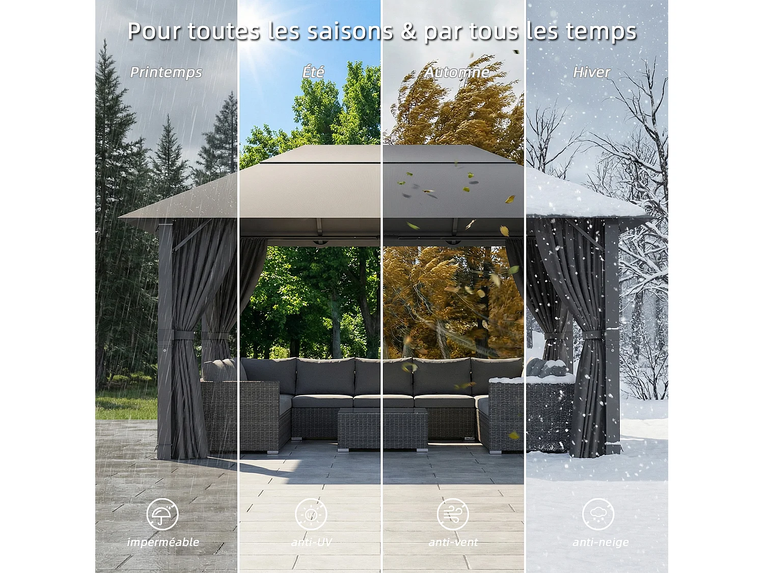 Tonnelle de Jardin en Aluminium 3x4m | 10 Poteaux de Toit + Entretoises Triangulaires (Stabilité +50%) | Imperméable, Résistante au Froid & Anti-UV 50+, Gris