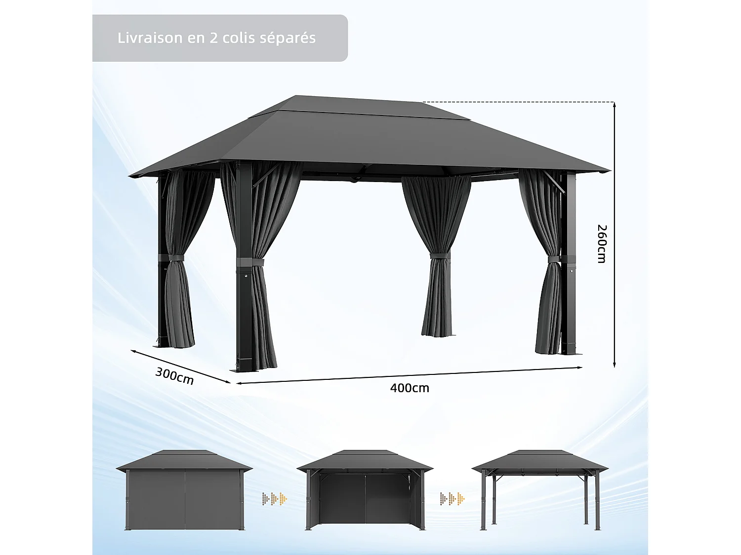 Tonnelle de Jardin en Aluminium 3x4m | 10 Poteaux de Toit + Entretoises Triangulaires (Stabilité +50%) | Imperméable, Résistante au Froid & Anti-UV 50+, Gris