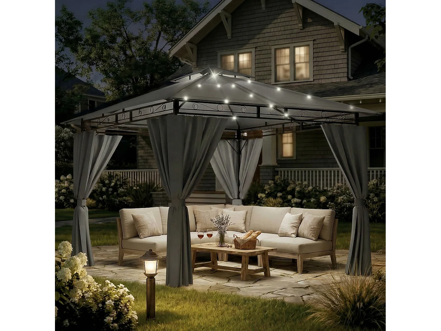 DEVOKE Tonnelle de jardin  3×3 m avec éclairage LED, tonnelle imperméable de luxe, tonnelle de jardin extérieure, structure en métal, pour 4 à 6 personnes.