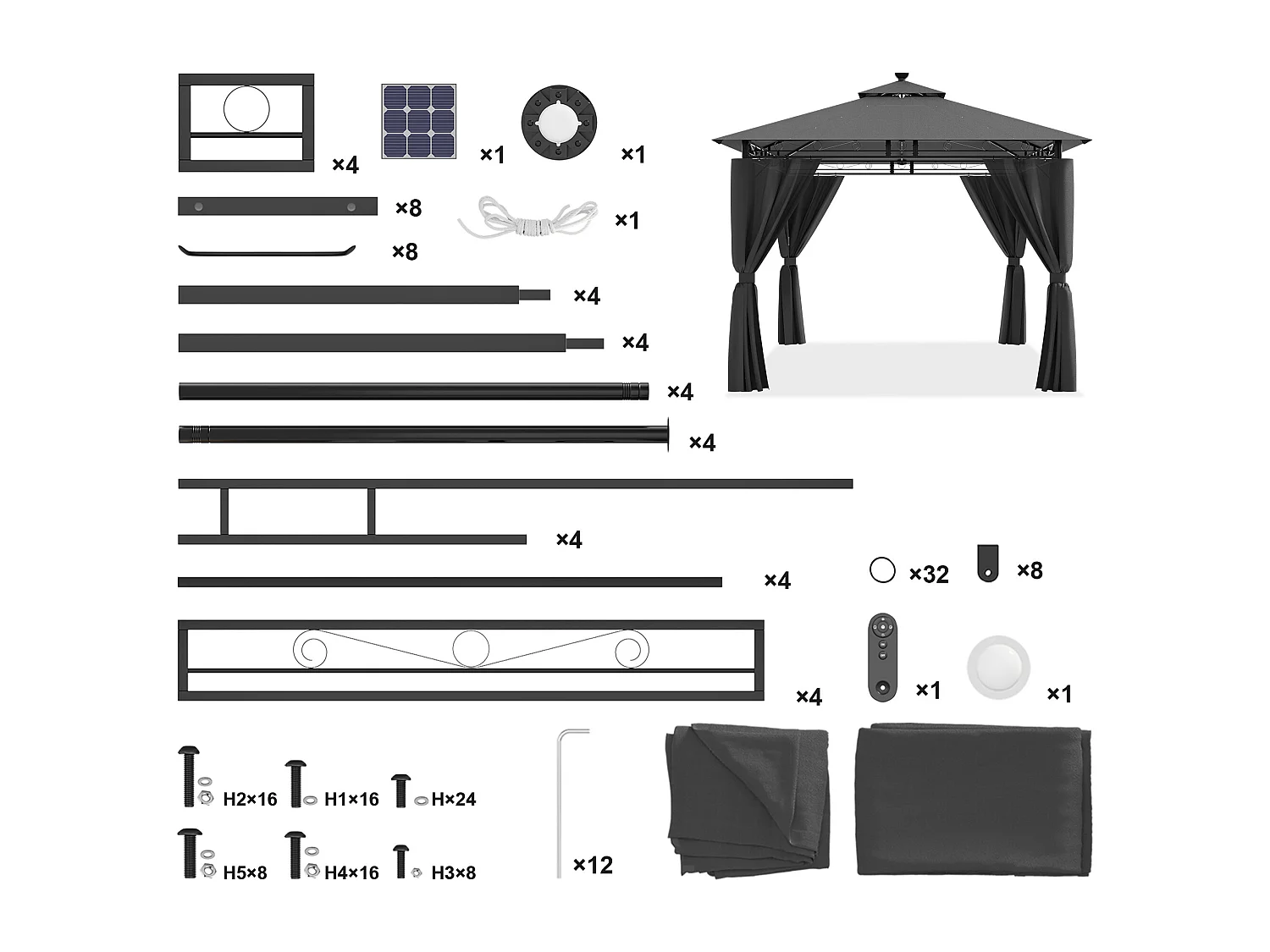 DEVOKE Tonnelle de jardin  3×3 m avec éclairage LED, tonnelle imperméable de luxe, tonnelle de jardin extérieure, structure en métal, pour 4 à 6 personnes.