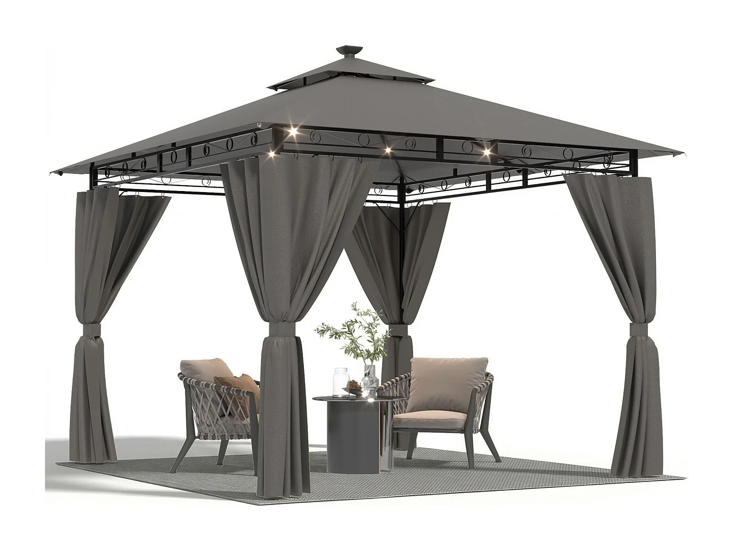 DEVOKE Tonnelle de jardin  3×3 m avec éclairage LED, tonnelle imperméable de luxe, tonnelle de jardin extérieure, structure en métal, pour 4 à 6 personnes.