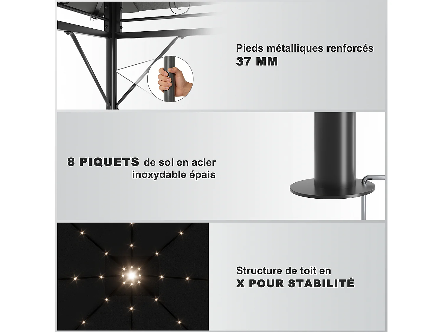 Tonnelle de Jardin 3x3 avec Éclairage, Imperméable Deluxe Tonnelle, Résistant à l'Hiver, Pergola Jardins Exterieur pour 4-6 Personnes, Gris