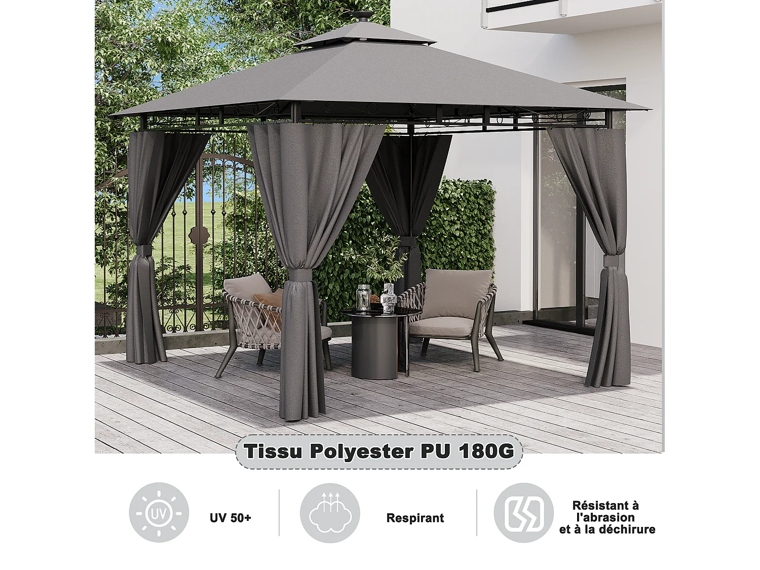 Tonnelle de Jardin 3x3 avec Éclairage, Imperméable Deluxe Tonnelle, Résistant à l'Hiver, Pergola Jardins Exterieur pour 4-6 Personnes, Gris