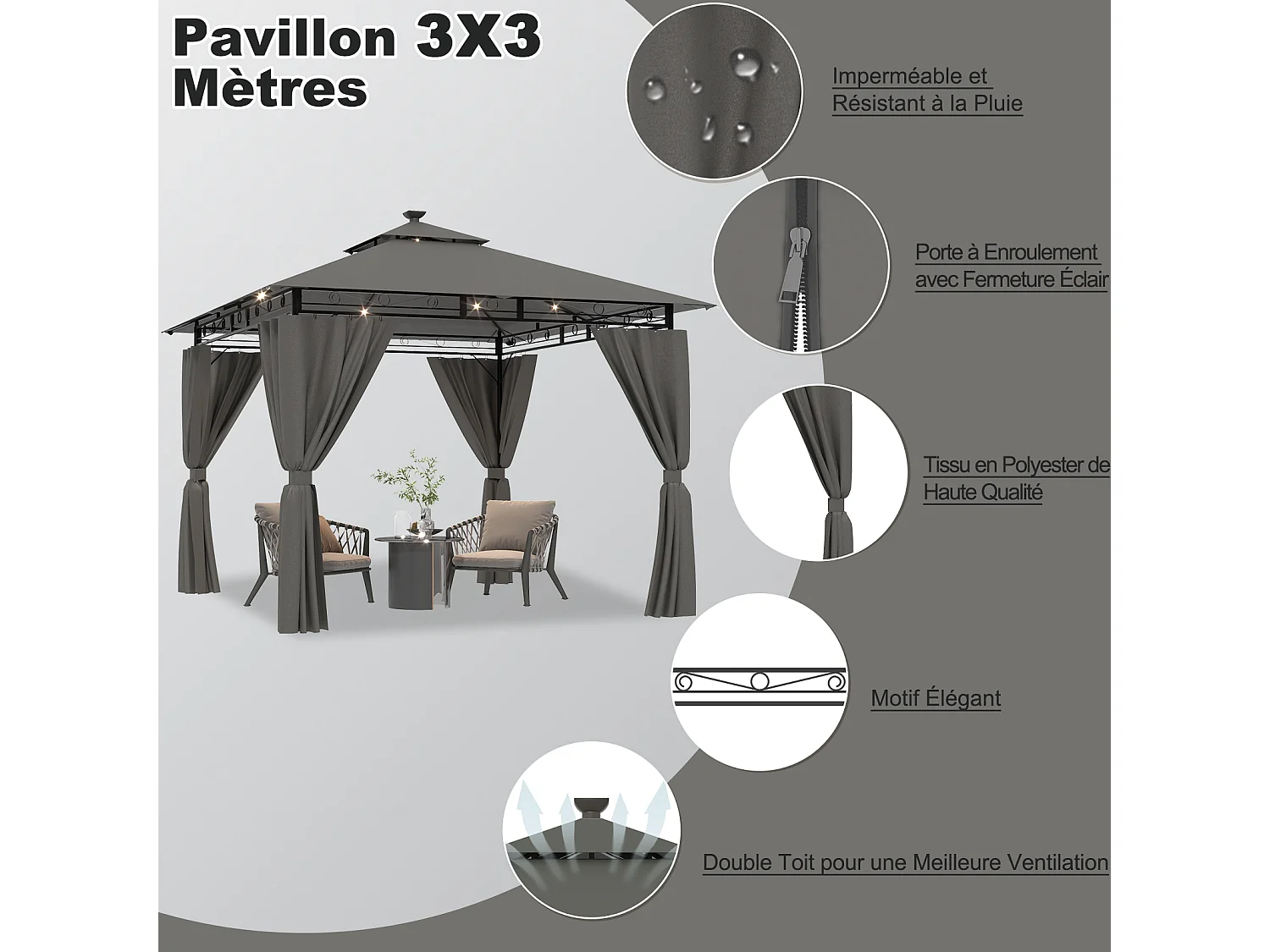 Tonnelle de Jardin 3x3 avec Éclairage, Imperméable Deluxe Tonnelle, Résistant à l'Hiver, Pergola Jardins Exterieur pour 4-6 Personnes, Gris