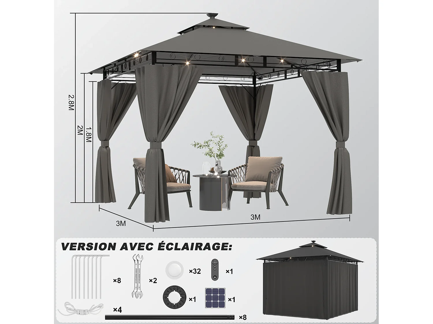 Tonnelle de Jardin 3x3 avec Éclairage, Imperméable Deluxe Tonnelle, Résistant à l'Hiver, Pergola Jardins Exterieur pour 4-6 Personnes, Gris