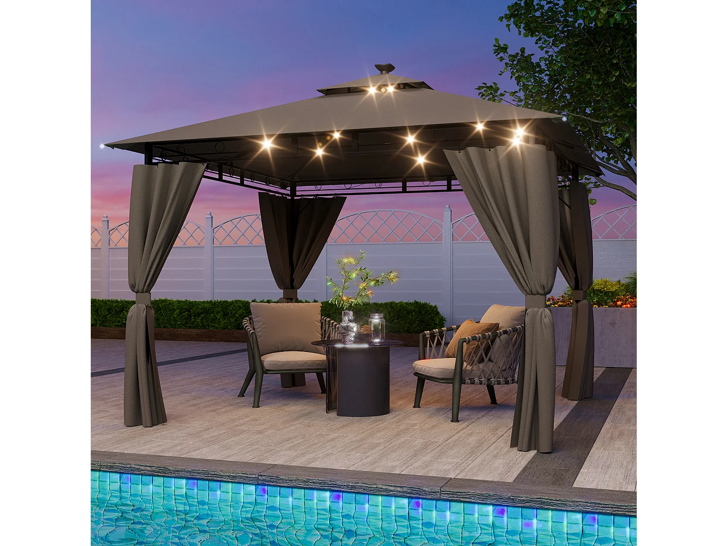 Pavillon imperméable, pavillon de jardin pop-up, parasol avec éclairage LED