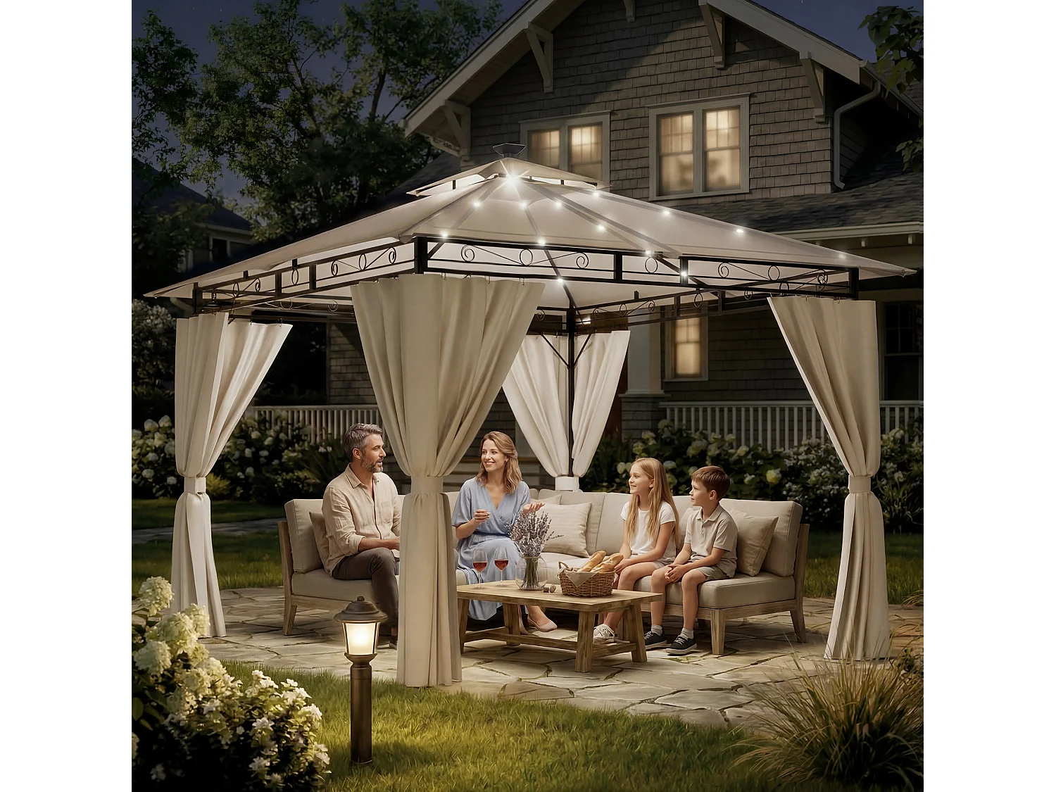 DEVOKE Tonnelle de jardin  3×3 m avec éclairage LED, tonnelle imperméable de luxe, tonnelle de jardin extérieure, structure en métal, pour 4 à 6 personnes.