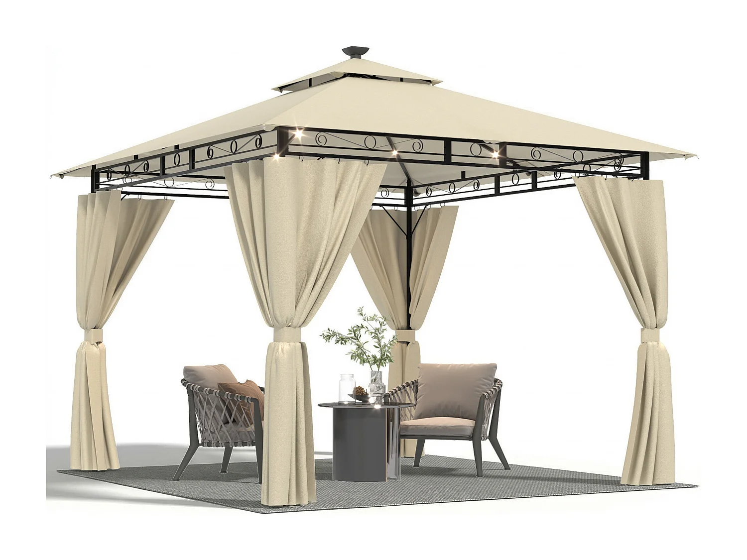 DEVOKE Tonnelle de jardin  3×3 m avec éclairage LED, tonnelle imperméable de luxe, tonnelle de jardin extérieure, structure en métal, pour 4 à 6 personnes.