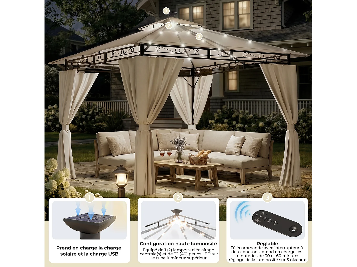 DEVOKE Tonnelle de jardin  3×3 m avec éclairage LED, tonnelle imperméable de luxe, tonnelle de jardin extérieure, structure en métal, pour 4 à 6 personnes.