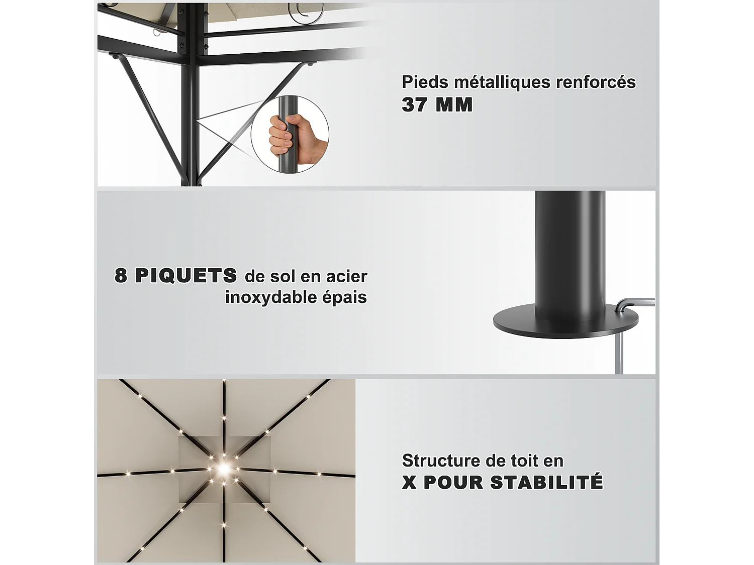 Tonnelle de Jardin 3x3 avec Éclairage, Imperméable Deluxe Tonnelle, Résistant à l'Hiver, Pergola Jardins Exterieur pour 4-6 Personnes, Beige