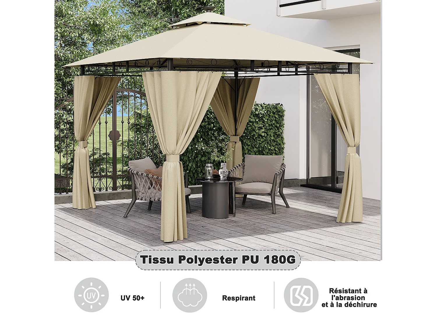 Tonnelle de Jardin 3x3 avec Éclairage, Imperméable Deluxe Tonnelle, Résistant à l'Hiver, Pergola Jardins Exterieur pour 4-6 Personnes, Beige