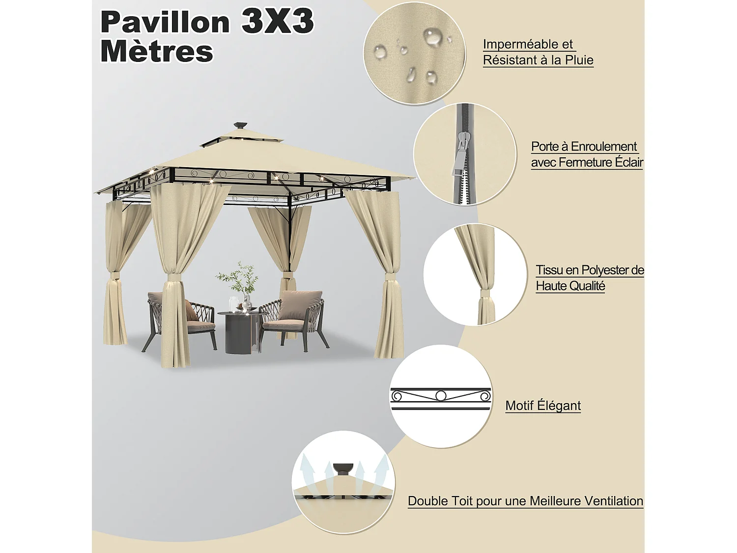 Tonnelle de Jardin 3x3 avec Éclairage, Imperméable Deluxe Tonnelle, Résistant à l'Hiver, Pergola Jardins Exterieur pour 4-6 Personnes, Beige
